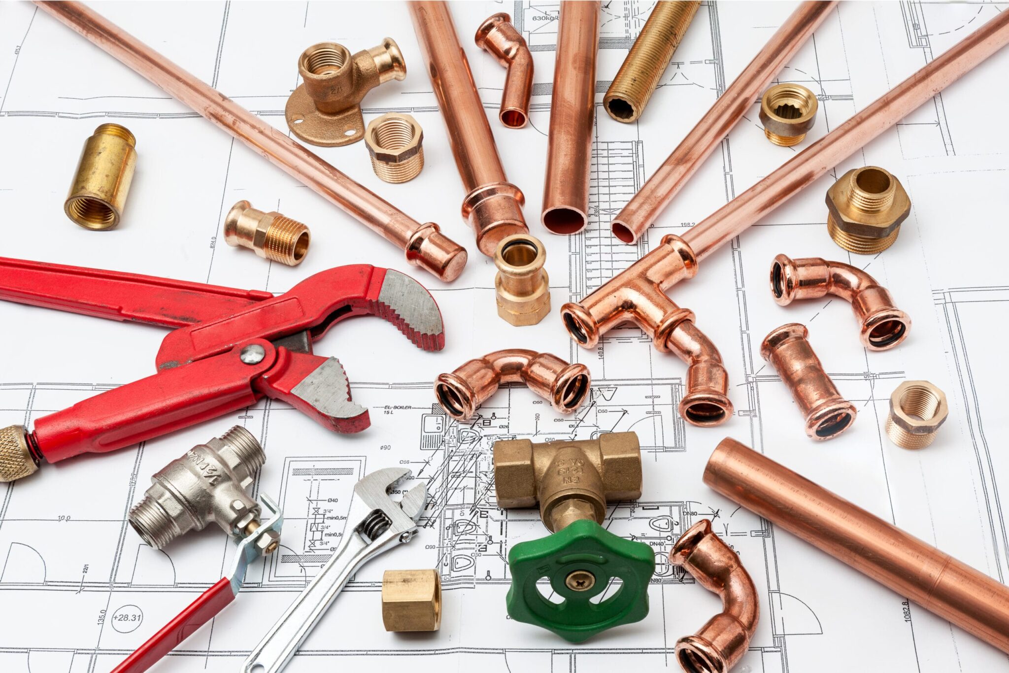 Copper pipes, fittings, valves, and plumbing tools in Homestead
