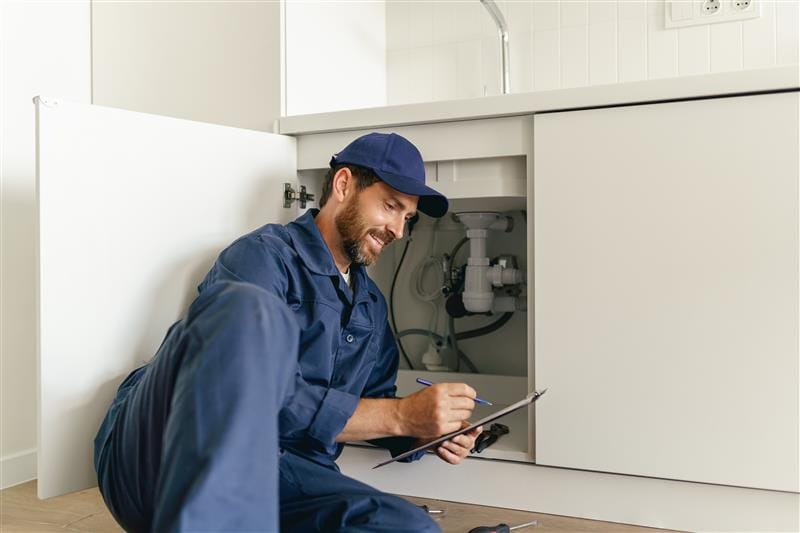 Residential plumber reviewing plumbing repairs in a Homestead kitchen